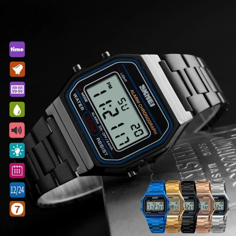 SKMEI 1123 ساعة رقمية كلاسيك ستانلس ستيل نحاسي