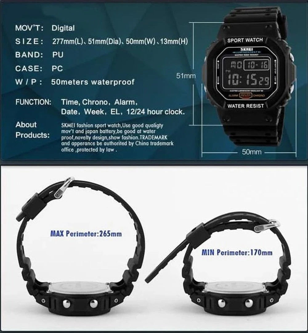 SKMEI 1134 ساعة رياضيه رجاليه مقاومة للماء متعددة الوظائف مع سوار اسود مطاطي