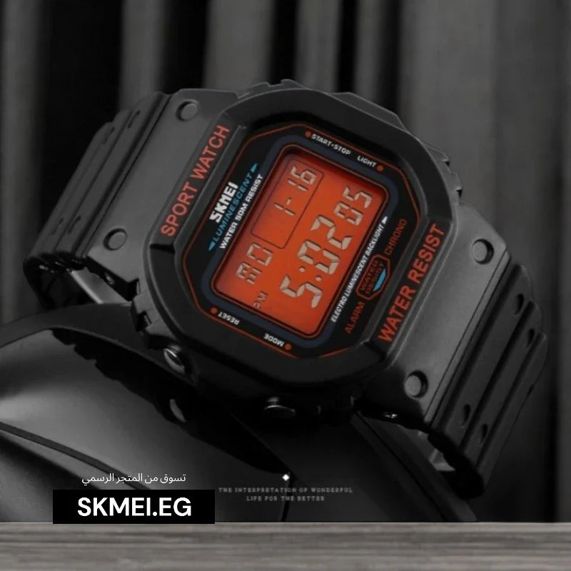 SKMEI 1134 ساعة رياضية للرجال متعددة الوظائف اسود بميناء أورنج