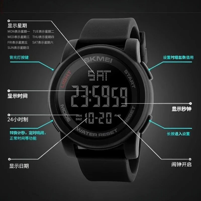 ساعة رياضية SKMEI 1257 للجنسين مع سوار سيليكون لون أخضر مزودة بمنبه وتقويم و LED ضد الماء متعددة الوظائف
