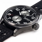 Hugo Boss Aeroliner Maxx 1513086 Matte Black Case Black Woven Dial Black Synthetic Fiber Men's Watch