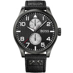 Hugo Boss Aeroliner Maxx 1513086 Matte Black Case Black Woven Dial Black Synthetic Fiber Men's Watch