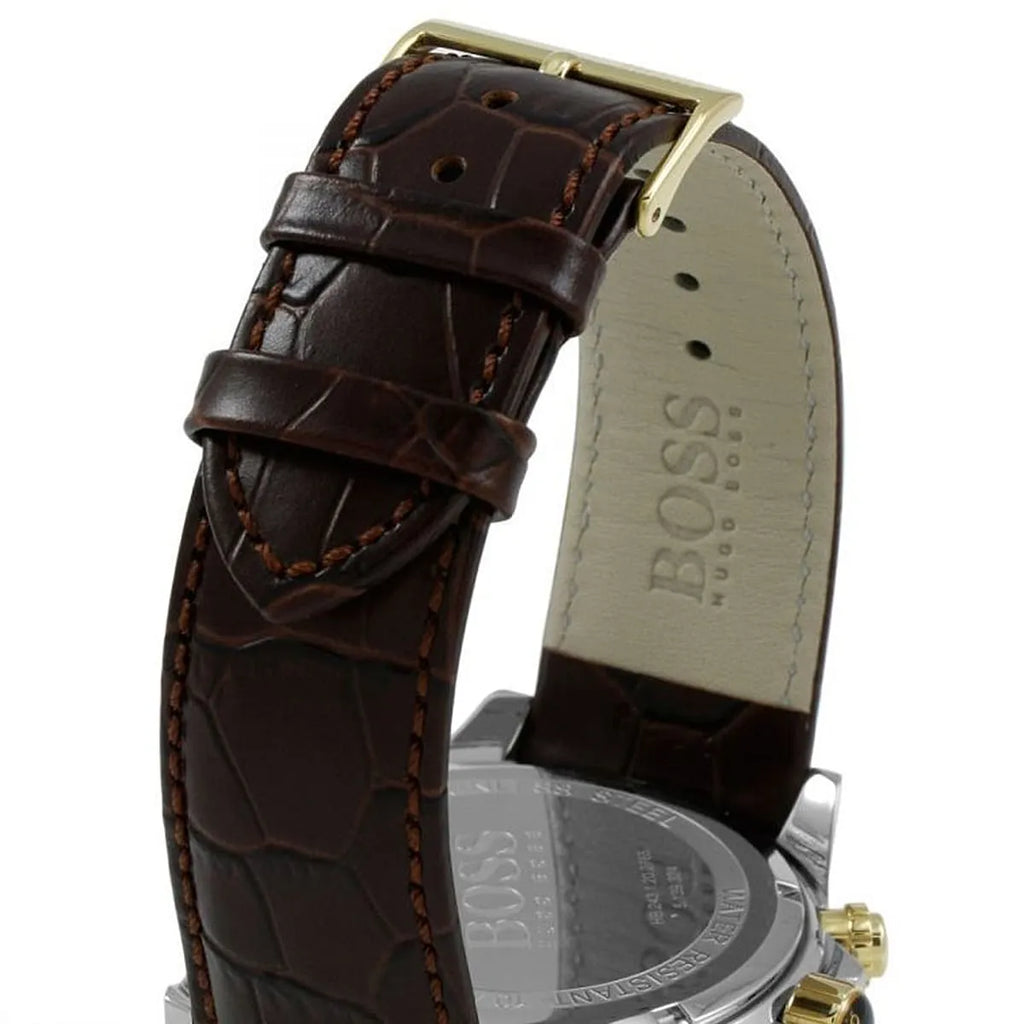 Hugo Boss Ikon 1513174 Silver Dial Gold Bezel Brown Leather Strap Men's Watch