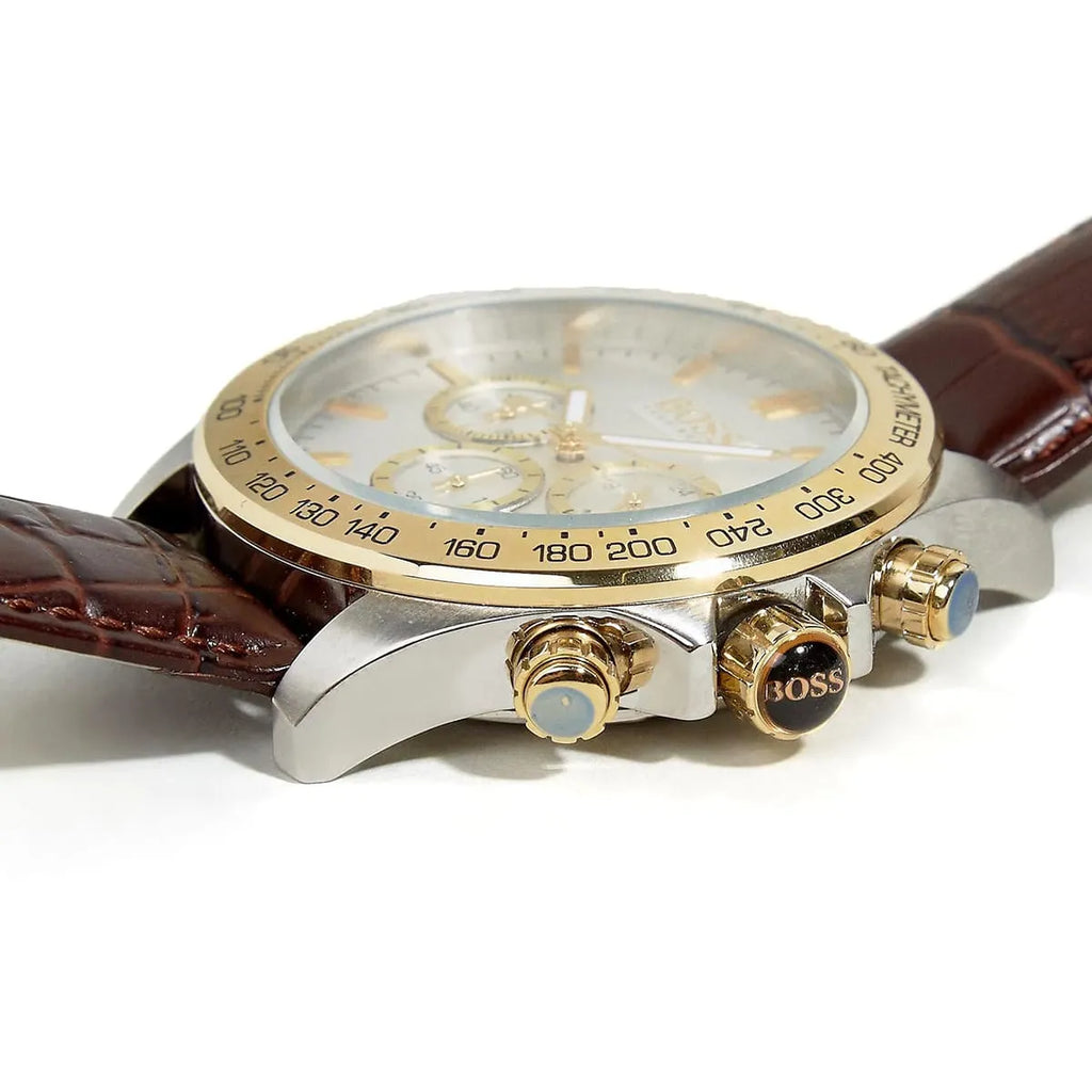 Hugo Boss Ikon 1513174 Silver Dial Gold Bezel Brown Leather Strap Men's Watch