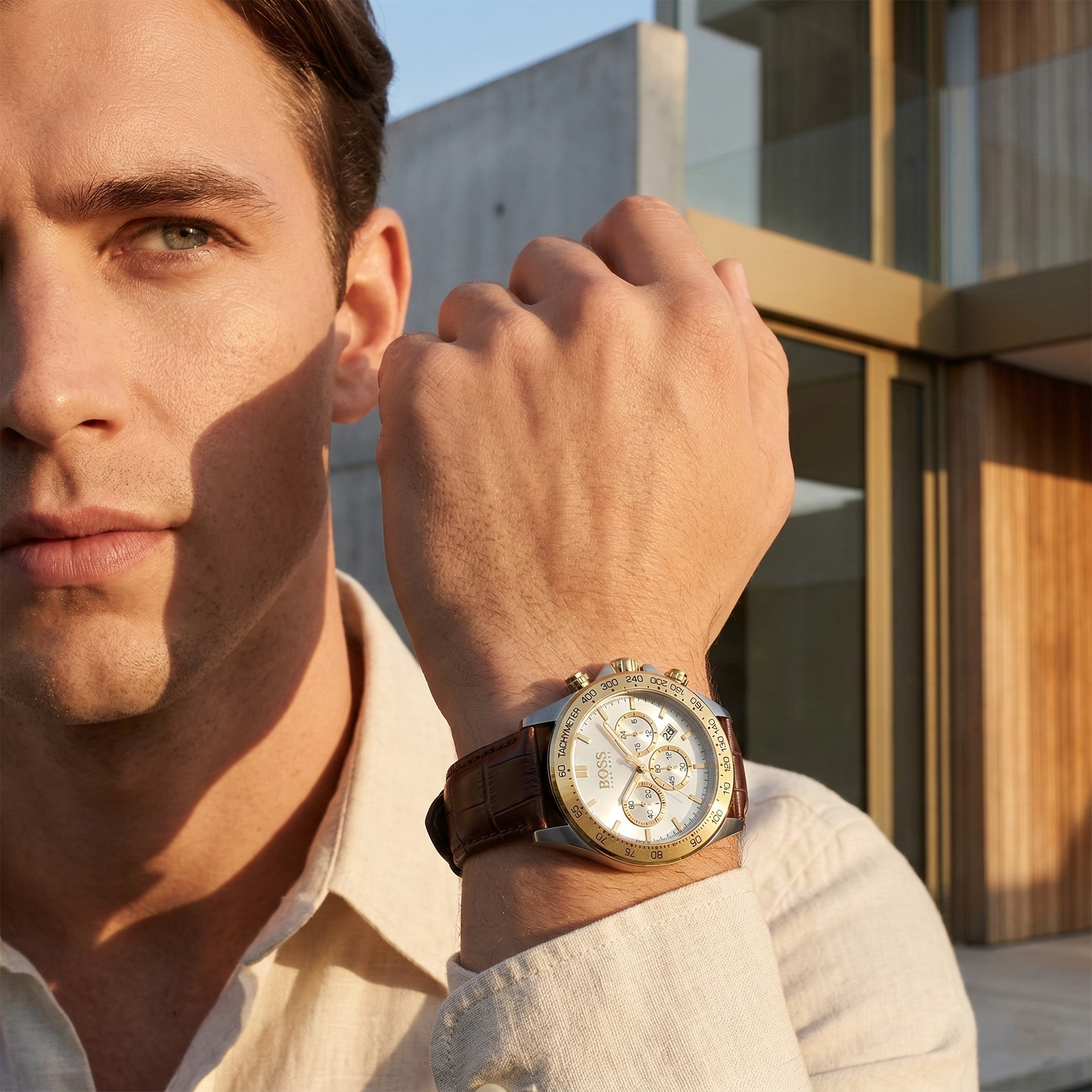 Hugo Boss Ikon 1513174 Silver Dial Gold Bezel Brown Leather Strap Men's Watch