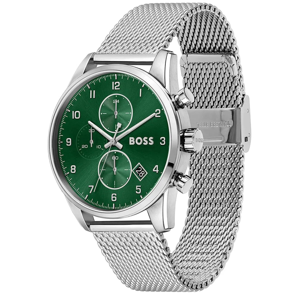 Hugo Boss Skymaster 1513938 Silver Case Green Dial Silver Mesh Bracelet Men's Watch