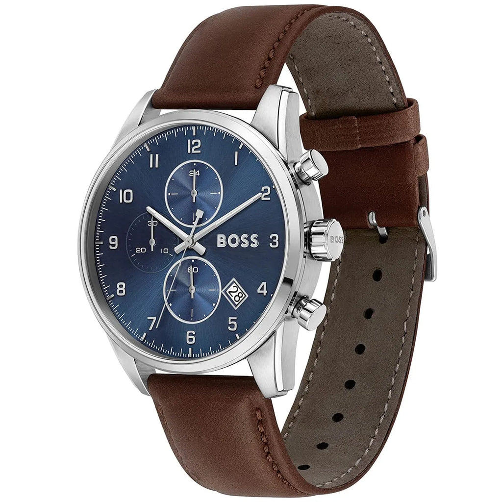Hugo Boss Skymaster 1513940 Silver Case Blue Dial Brown Leather Strap Men's Watch