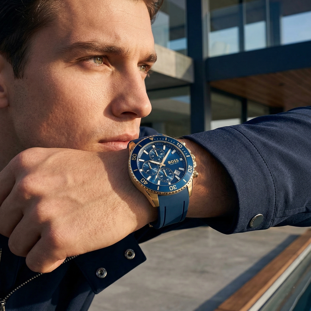 Hugo Boss Admiral 1513965 Silver Case Blue Dial Blue Rubber Strap Men's Watch