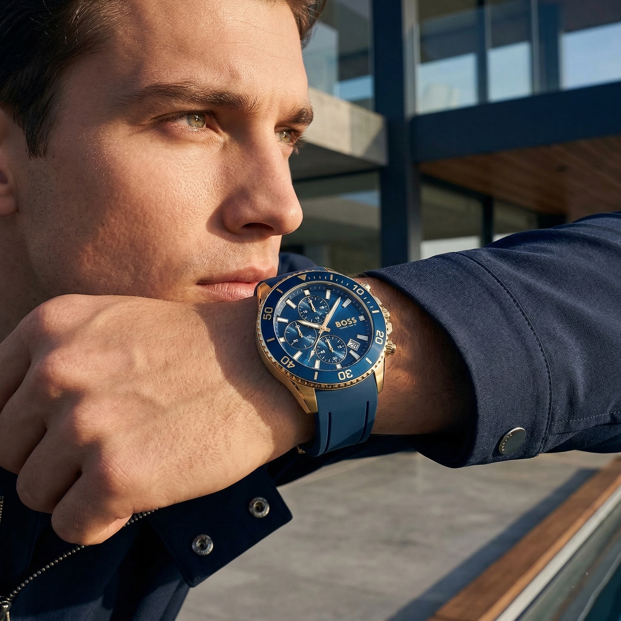 Hugo Boss Admiral 1513965 Silver Case Blue Dial Blue Rubber Strap Men's Watch