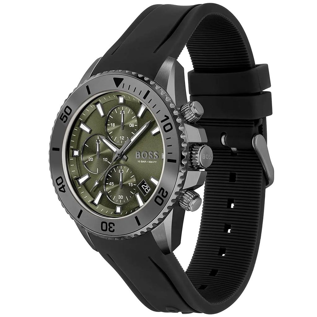 Hugo Boss Admiral 1513967 Silver Case Green Dial Black Rubber Strap Men's Watch