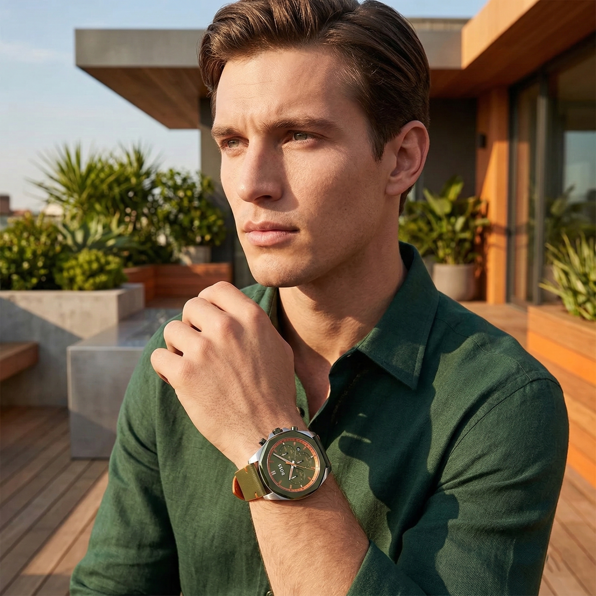 Hugo Boss Cloud 1514018 Silver Case Green Dial Green Leather Men's Watch