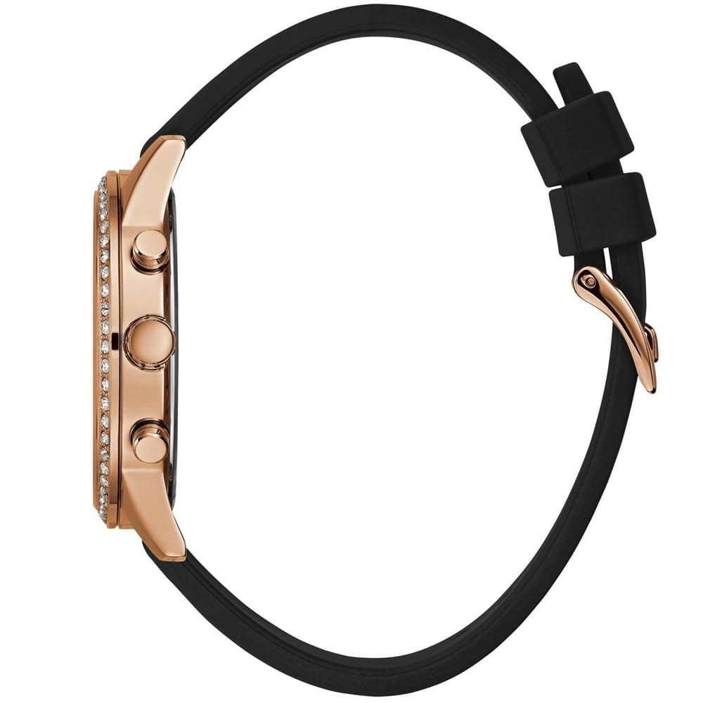 Guess Solar Multi-Function W1135L4 Rose Gold Case Crystal Bezel Black Dial Black Rubber Women's Watch