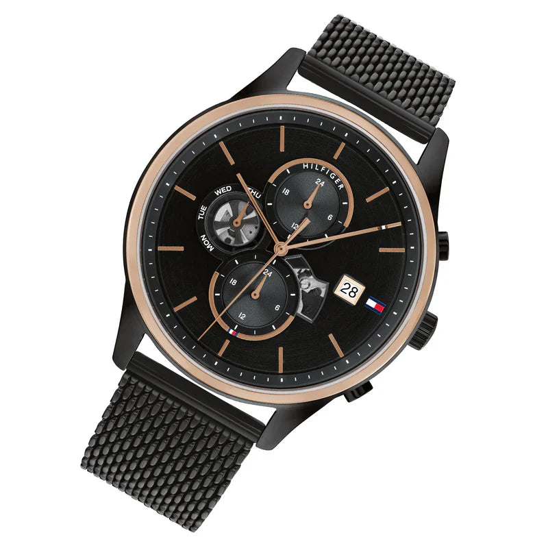 Tommy Hilfiger Weston 1710505 Two-Tone Black Dial Men's Black Stainless Steel Mesh Watch