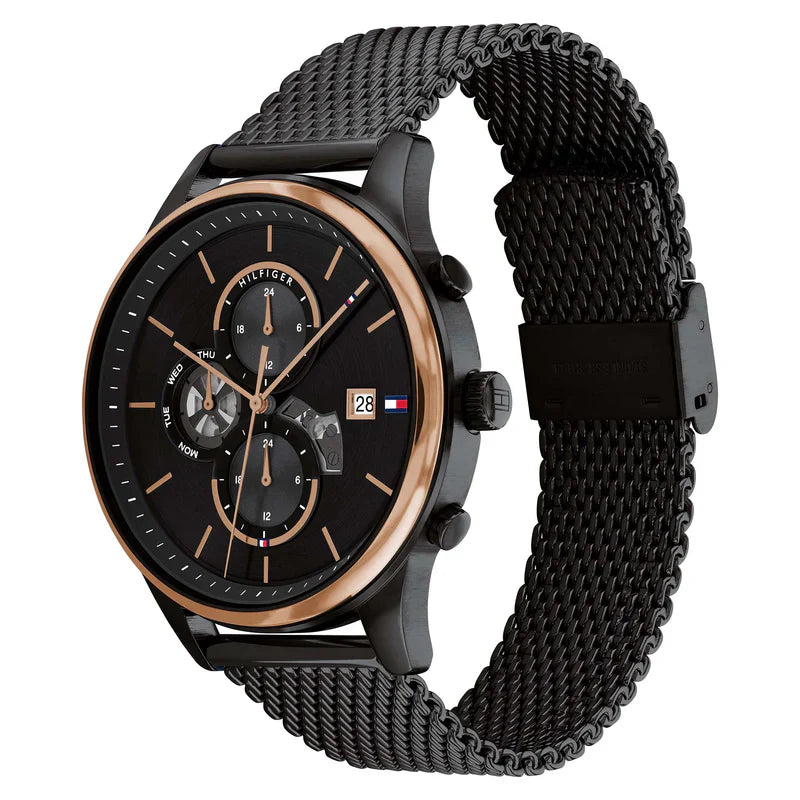 Tommy Hilfiger Weston 1710505 Two-Tone Black Dial Men's Black Stainless Steel Mesh Watch