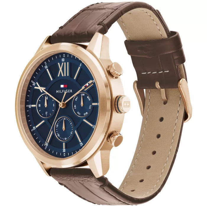 Tommy Hilfiger Morrison 1710526 Gold Blue Dial Brown Leather Men's Watch