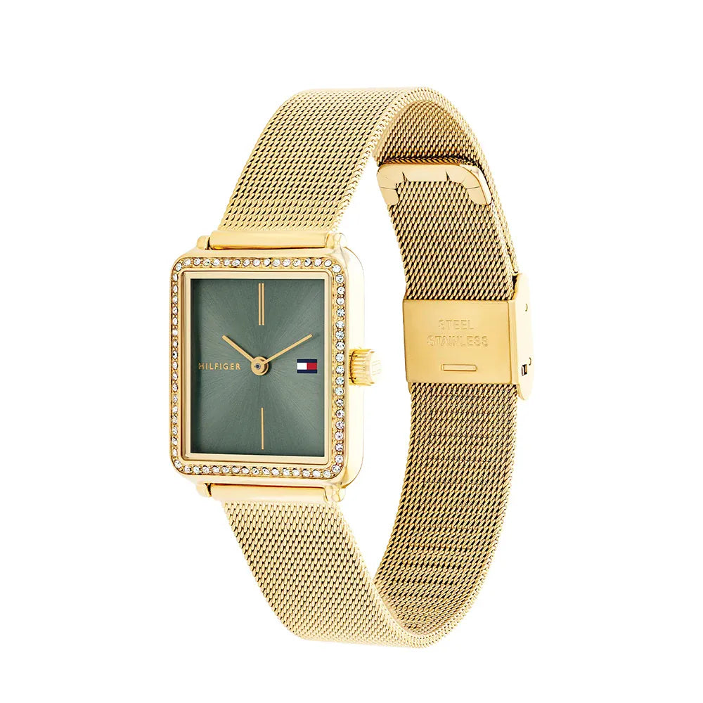 Tommy Hilfiger Tea 1782791 Gold Square Case Sage Green Dial Mesh Women's Watch