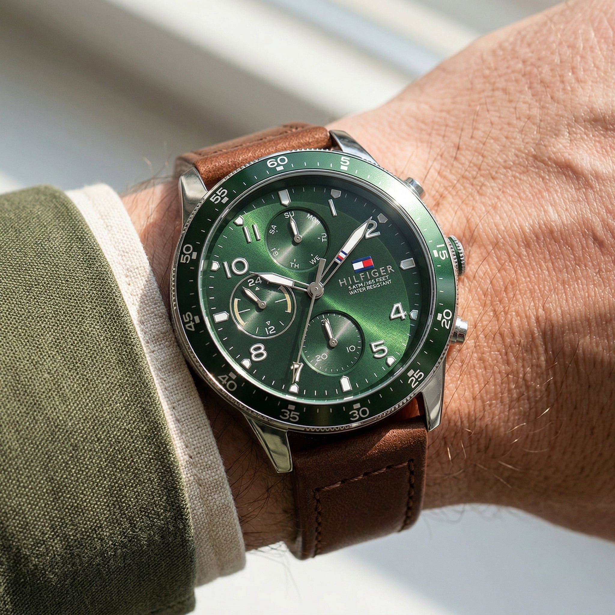 Tommy Hilfiger Jimmy 1791948 Multi-Function Green Dial Men's Brown Leather Watch