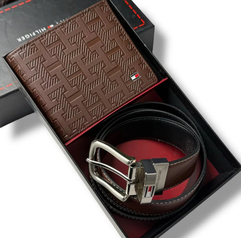 TH Brown Leather Wallet-Belt Set For Men 4#