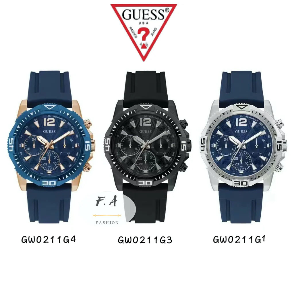 Guess Commander GW0211G1 Silver Case Blue Dial Blue Rubber Strap Men's Watch