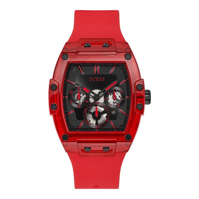 Guess Men's Watch – Model GW0203G5 | Phoenix Collection – Bold Square Design with Red Silicone Strap