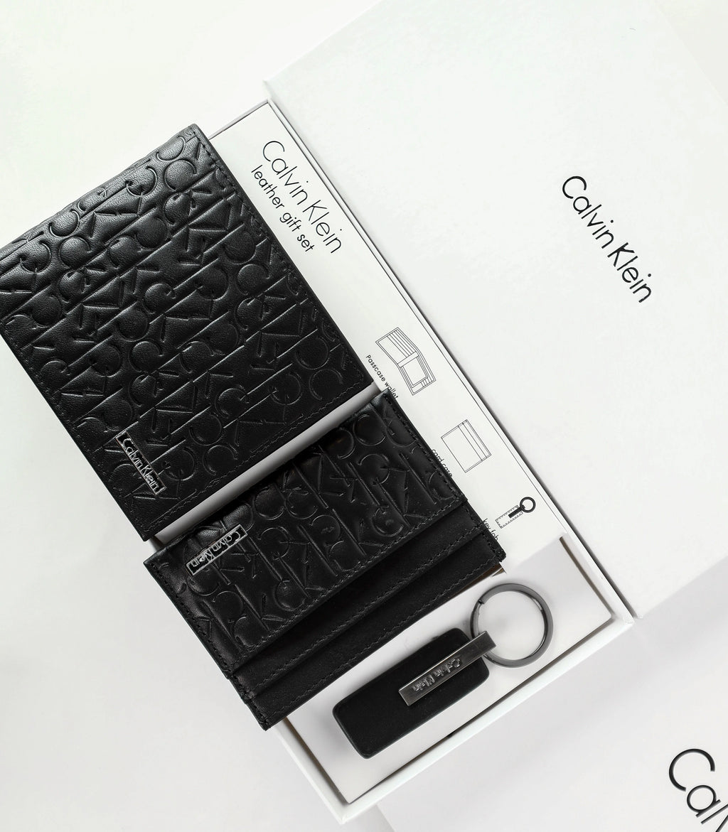 CK Black Monogram Leather Wallet-Keychain-Card Holder Set For Men 4#