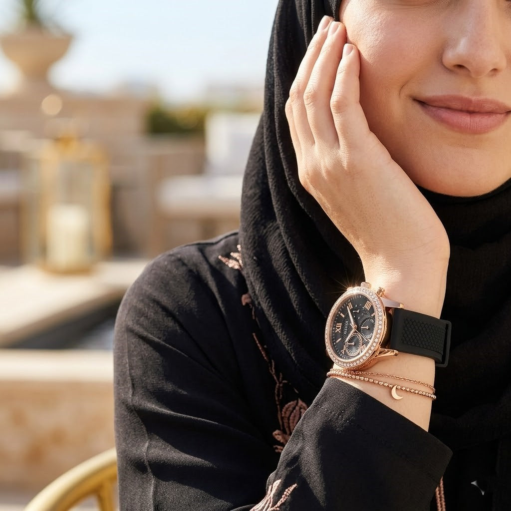 Guess Solar Multi-Function W1135L4 Rose Gold Case Crystal Bezel Black Dial Black Rubber Women's Watch