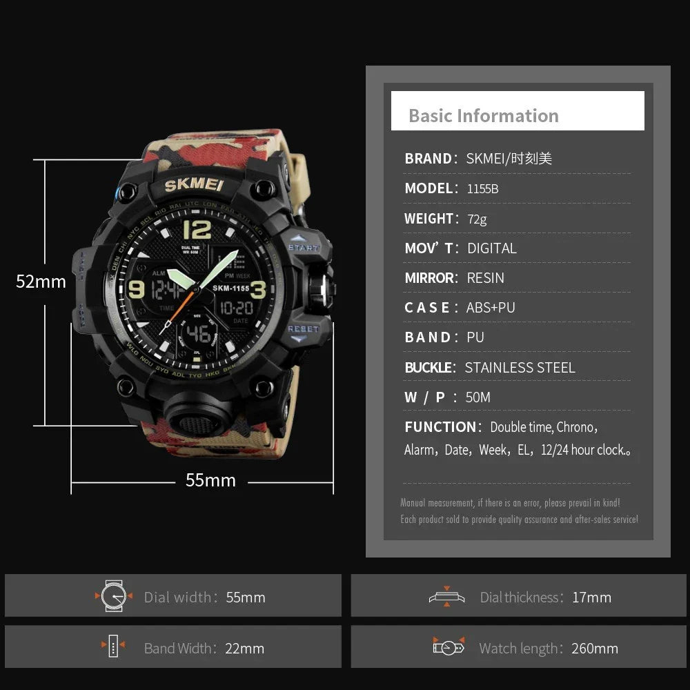 SKMEI 1155 ساعة رياضية للرجال بتصميم مموه أحمر