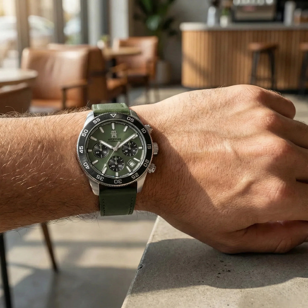 Tommy Hilfiger Chronograph Men's Watch – Model 1792188 – Green Dial & Leather Strap