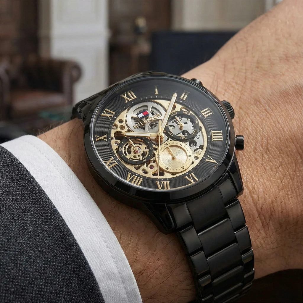 Tommy Hilfiger 1710706 Men’s Multi-Function Watch – Black & Gold Dial with Black Stainless-Steel Bracelet