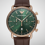 Emporio Armani AR11334 Men’s Green Dial Brown Leather Aviator Chronograph Watch