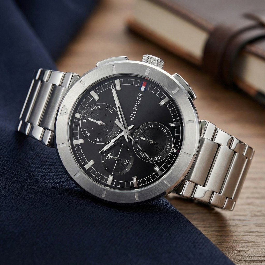 Tommy Hilfiger 1792116 Men’s Multi-Function Watch – Black Dial & Silver Stainless-Steel Bracelet
