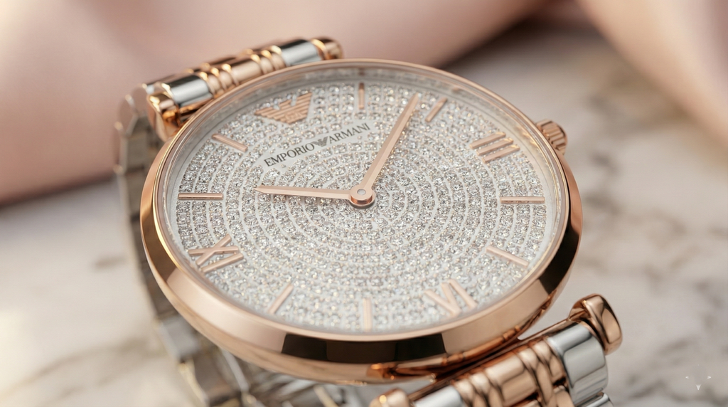 Emporio Armani Gianni T-Bar AR11537 Women's Two-Tone Crystal Encrusted Dial Luxury Watch