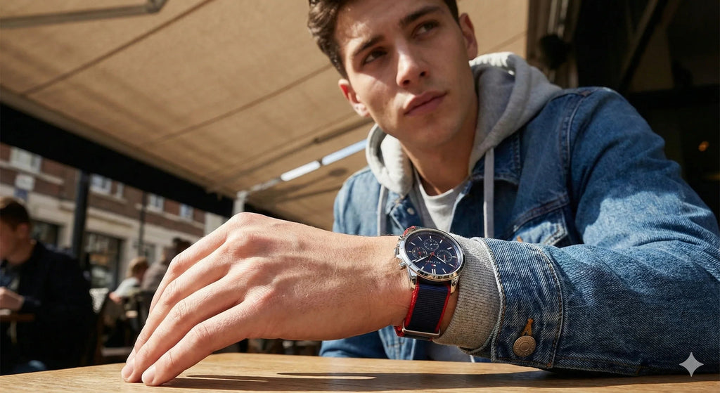 Tommy Hilfiger 1792124 Men’s Chronograph Watch – Blue Dial & Navy-Red Fabric Strap