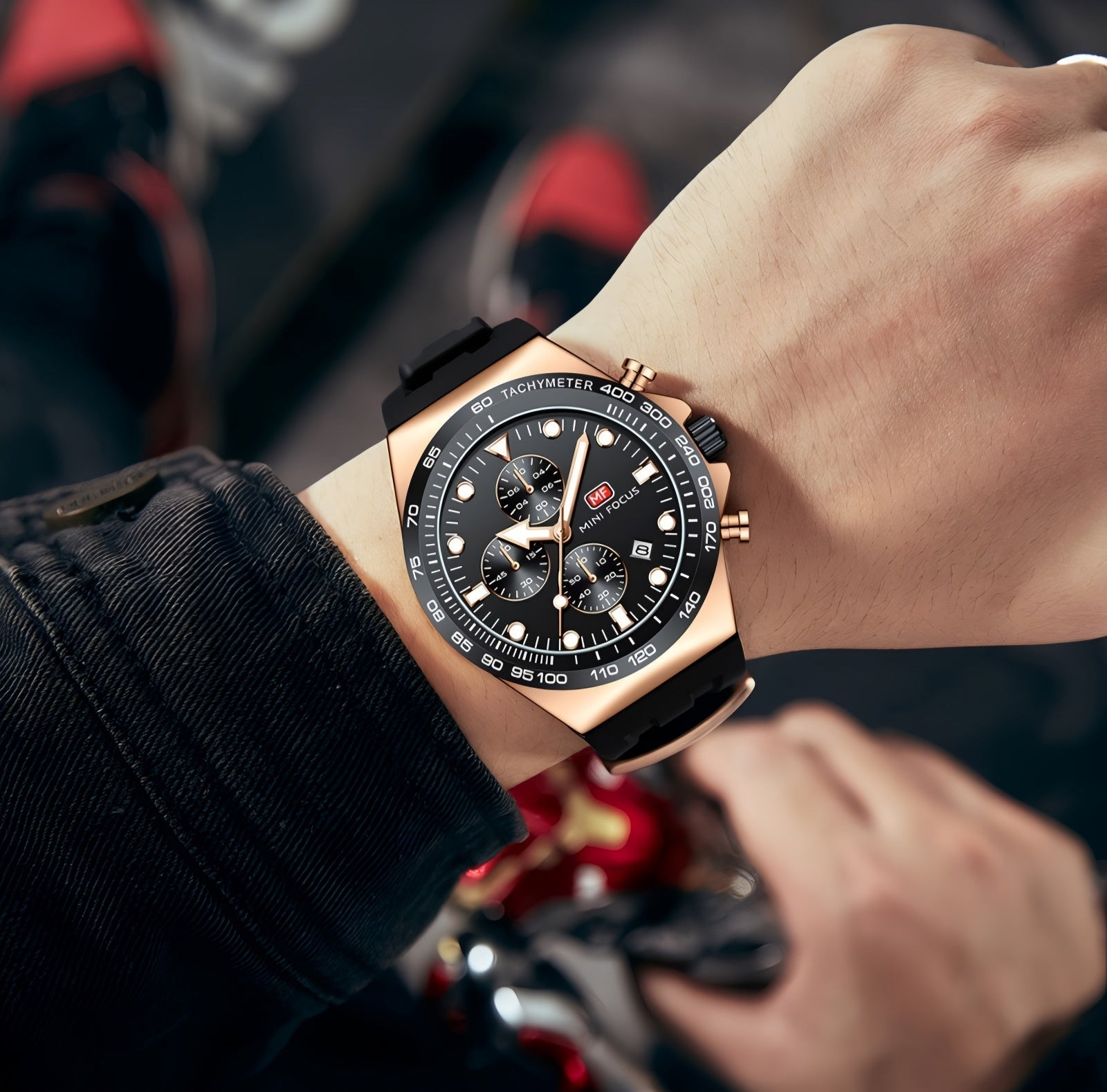 Mini Focus Watch with Black Dial & Rose Gold Case For Men MF0488G