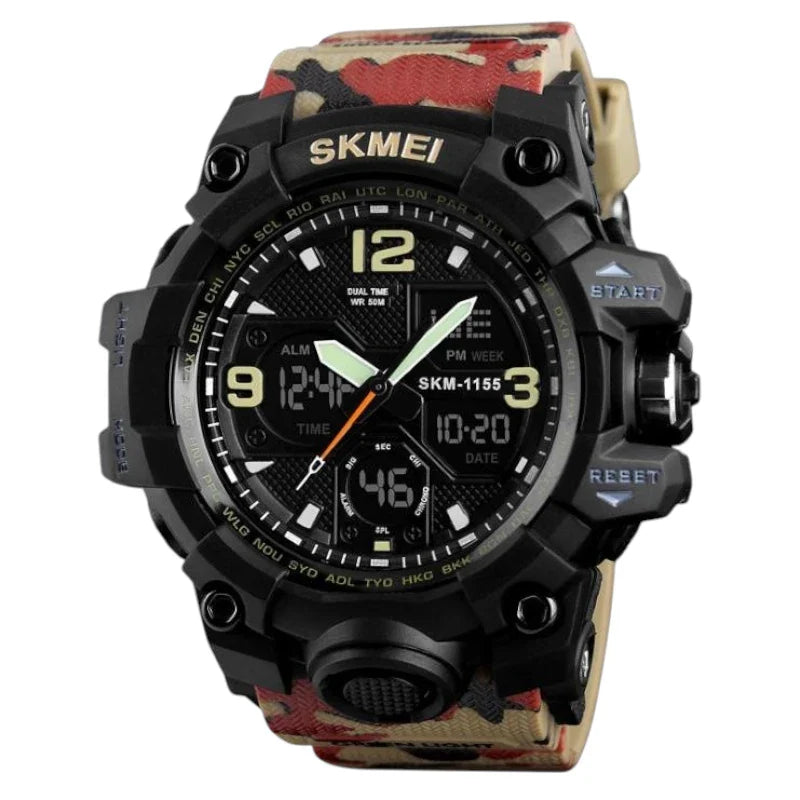 SKMEI 1155 ساعة رياضية للرجال بتصميم مموه أحمر