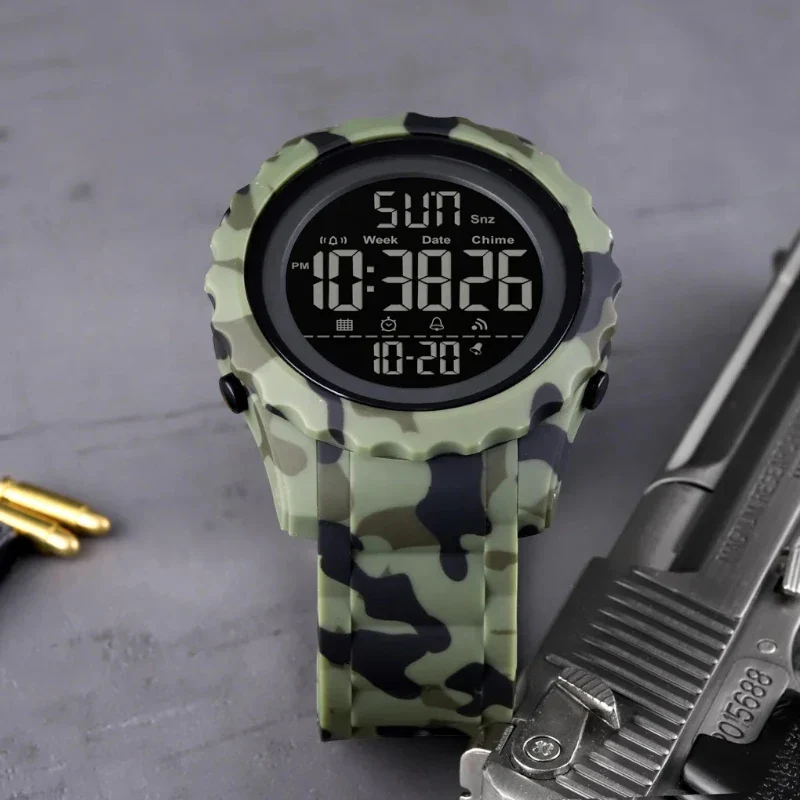 ساعة SKMEI 1624 رياضية متعددة الوظائف - أخضر جيشي مموه، ستوب ووتش LED مقاومة للماء