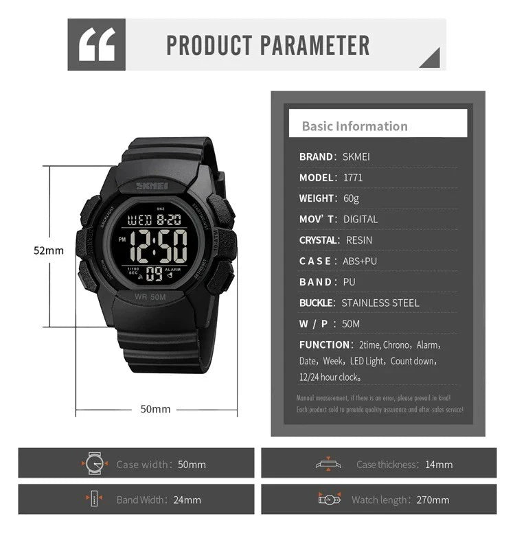 SKMEI 1771 ساعة رياضية ثنائية التوقيت وكرونوغراف لون أسود
