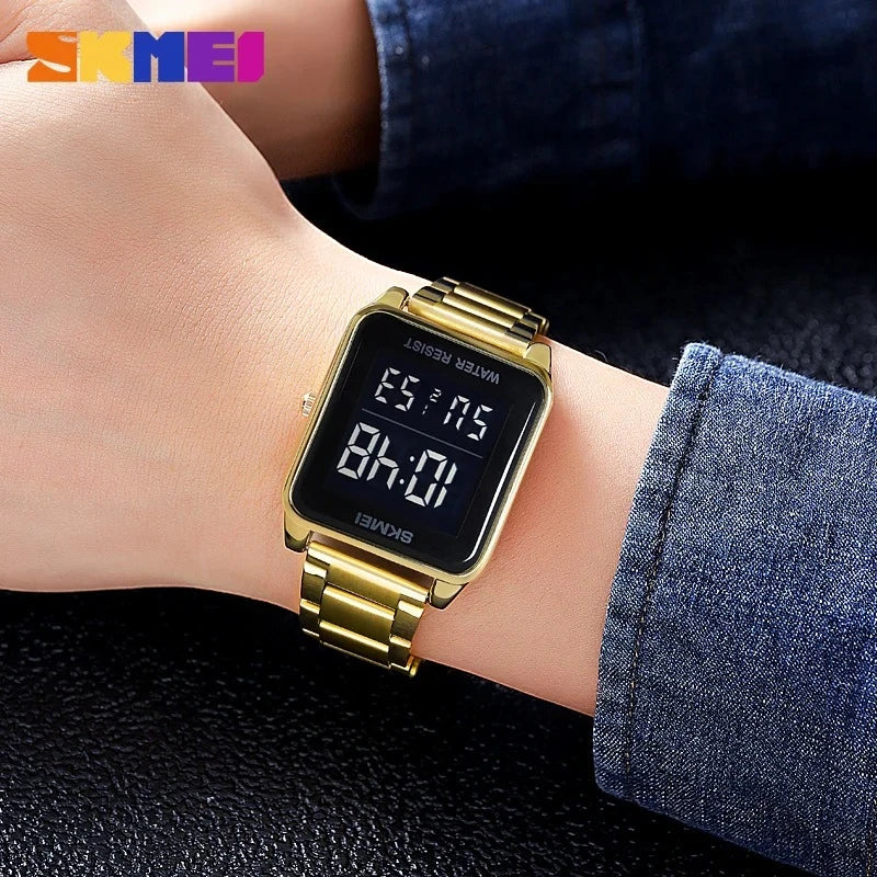 ساعة SKMEI 2154 للرجال من الفولاذ المقاوم للصدأ فضي تقويم توقيتين رقمية بإضاءة LED إلكترونية ومنبه مقاومة للماء