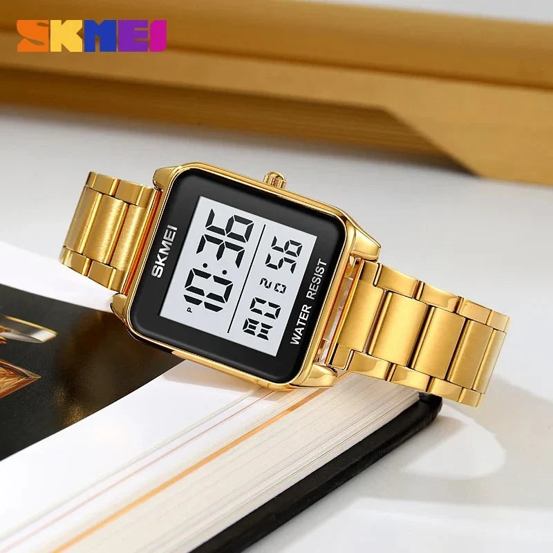 ساعة SKMEI 2154 للرجال من الفولاذ المقاوم للصدأ فضي تقويم توقيتين رقمية بإضاءة LED إلكترونية ومنبه مقاومة للماء