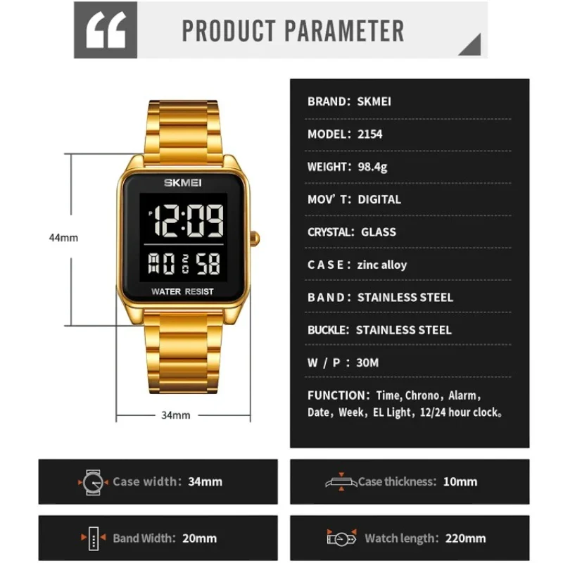ساعة SKMEI 2154 للرجال من الفولاذ المقاوم للصدأ فضي تقويم توقيتين رقمية بإضاءة LED إلكترونية ومنبه مقاومة للماء