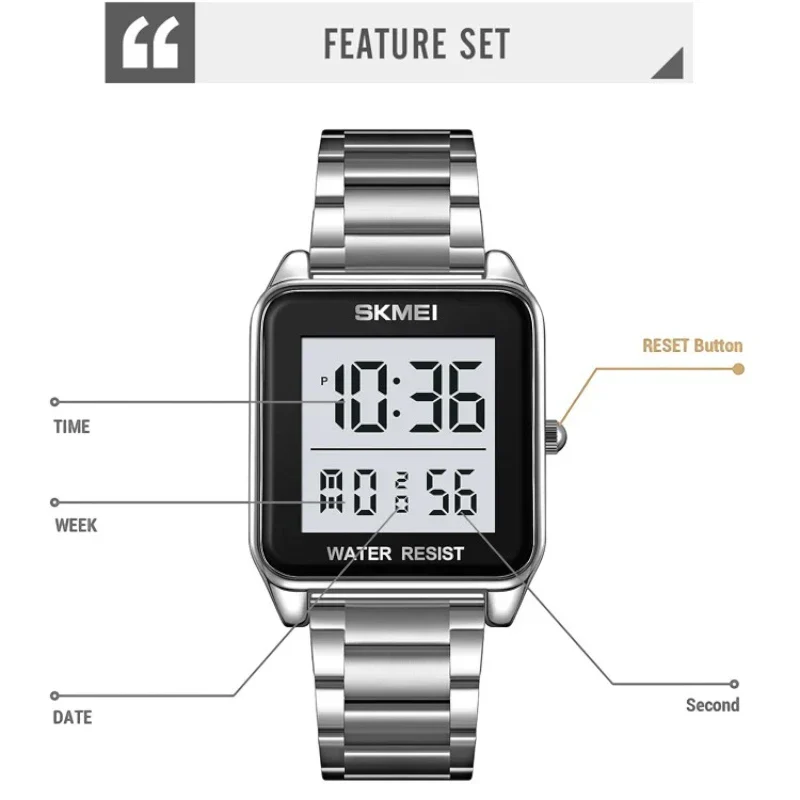 ساعة SKMEI 2154 للرجال من الفولاذ المقاوم للصدأ اسود ستيل ميناء اسود تقويم توقيتين رقمية بإضاءة LED إلكترونية ومنبه مقاومة للماء