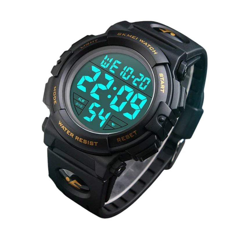 SKMEI 1258 ساعة رقمية مقاومة للماء أسود وذهبي