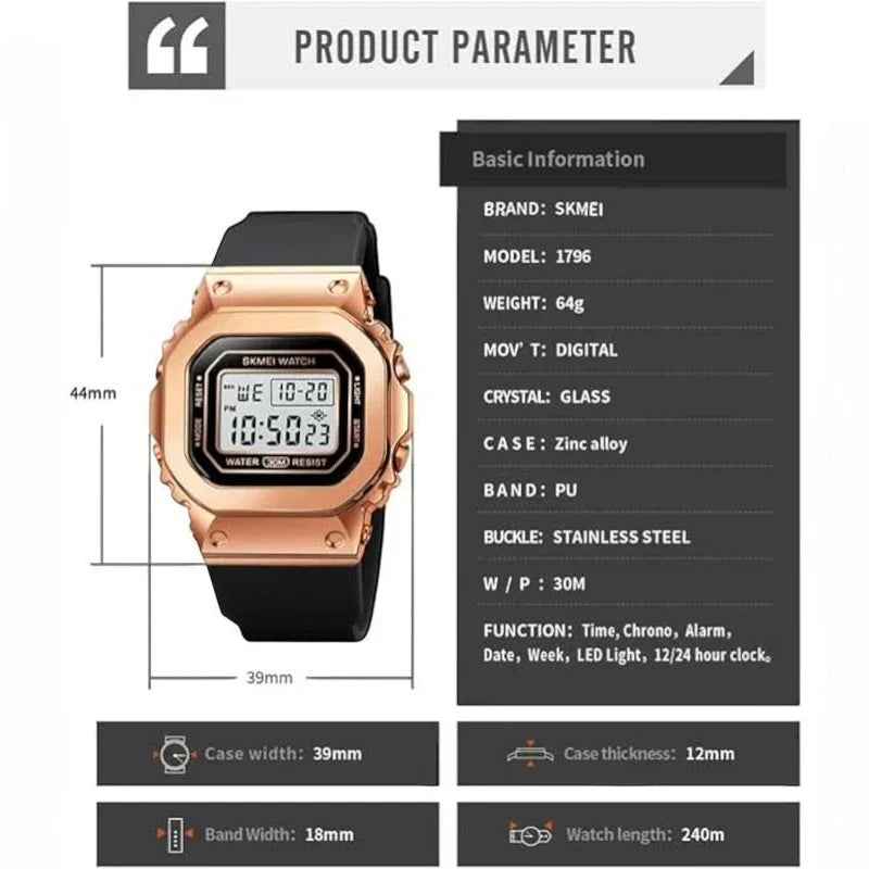 ساعة سكمي 1796 رياضية رقمية تصميم مربع فضي وأسود