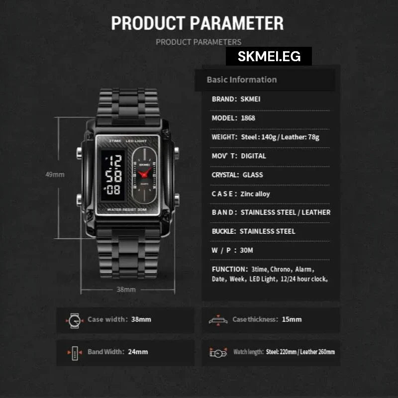 ساعة سكمي 1868 الكلاسيكية للرجال | ستانلس ستيل فضي ومينا أسود