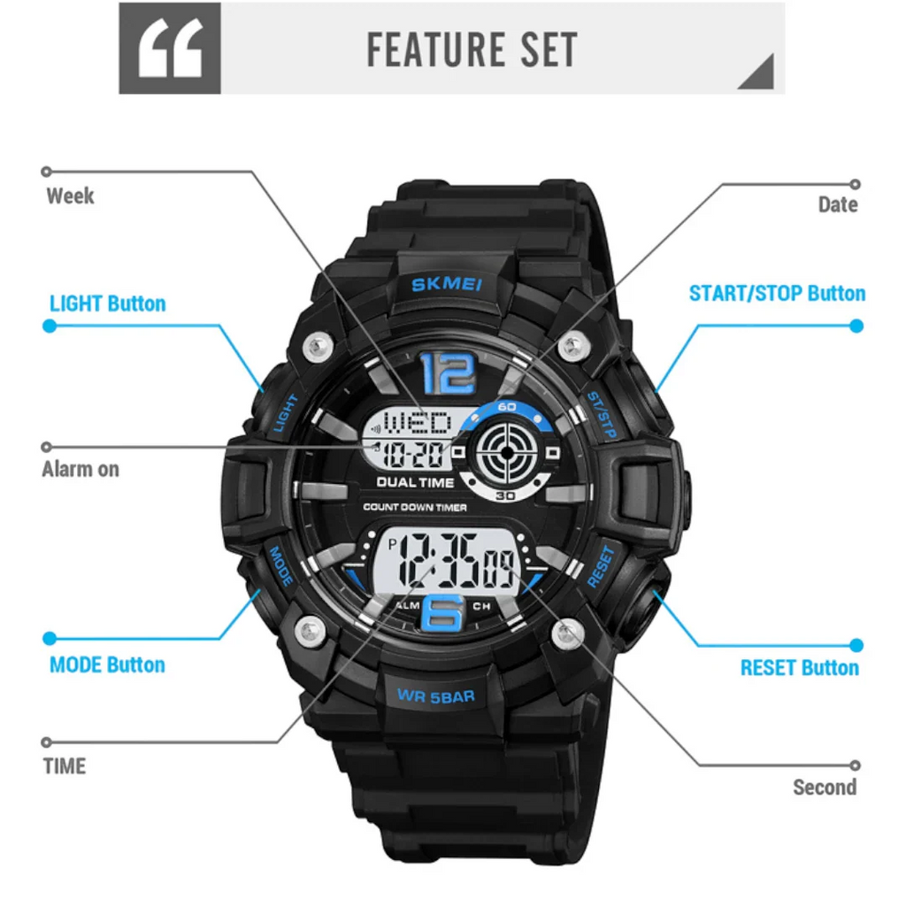 SKMEI 2018 ساعة رياضية رقميه مقاومة للماء متعددة الوظائف تقويم منبه ساعة ايقاف لون اسود بميناء فاتح
