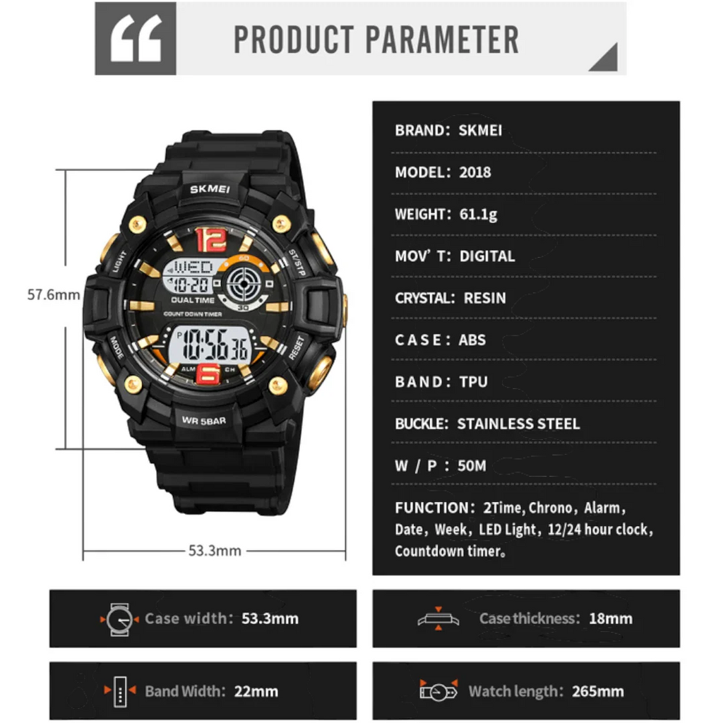 SKMEI 2018 ساعة رياضية رقميه مقاومة للماء متعددة الوظائف تقويم منبه ساعة ايقاف لون اسود بميناء فاتح