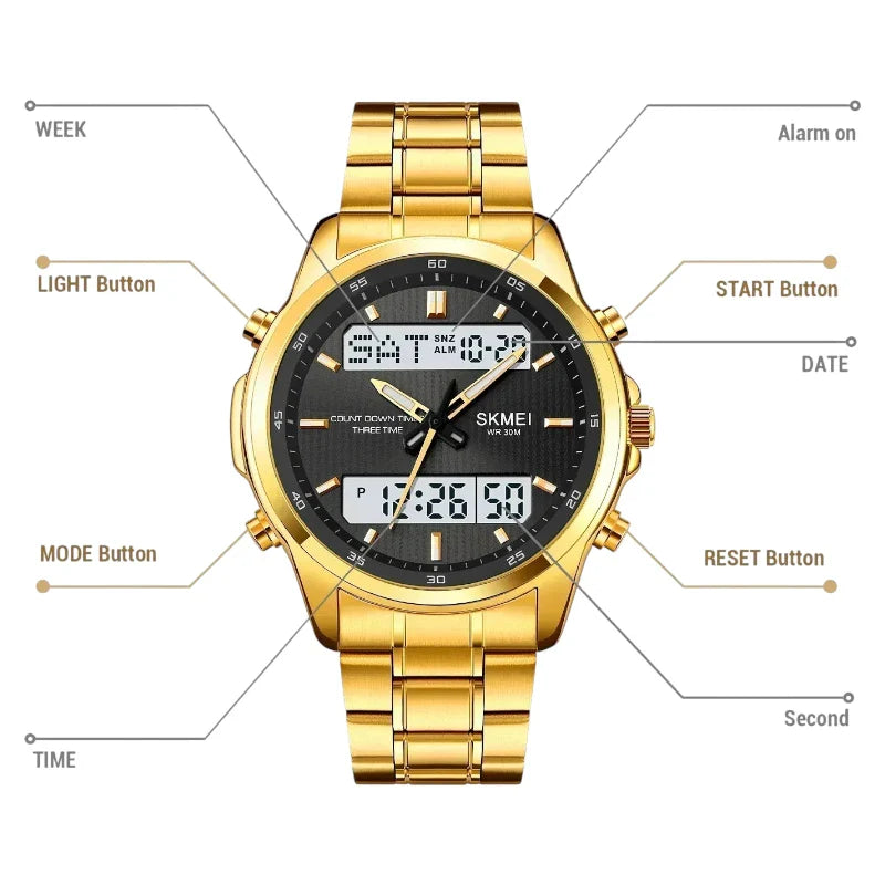 SKMEI 2049 ساعة رياضية فاخرة ستانلس ستيل ذهبي شاشة مزدوجة