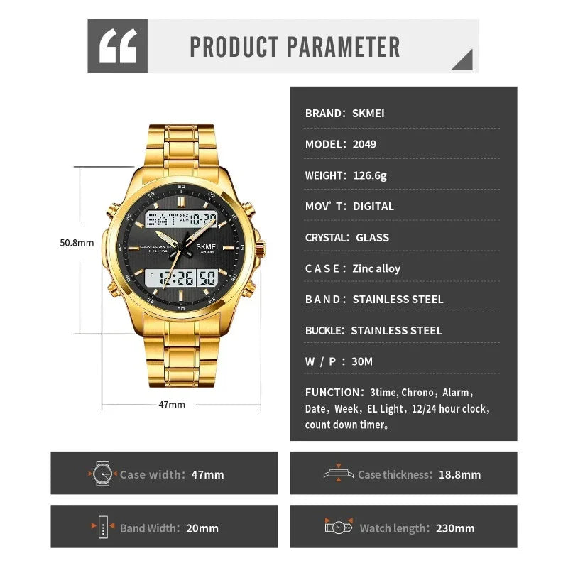 SKMEI 2049 ساعة رياضية فاخرة ستانلس ستيل ذهبي شاشة مزدوجة