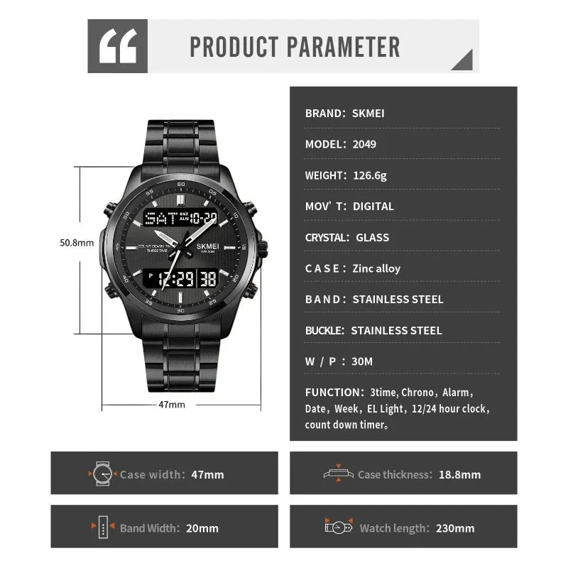 SKMEI 2049 ساعة رياضية فاخرة ستانلس ستيل أسود بالكامل