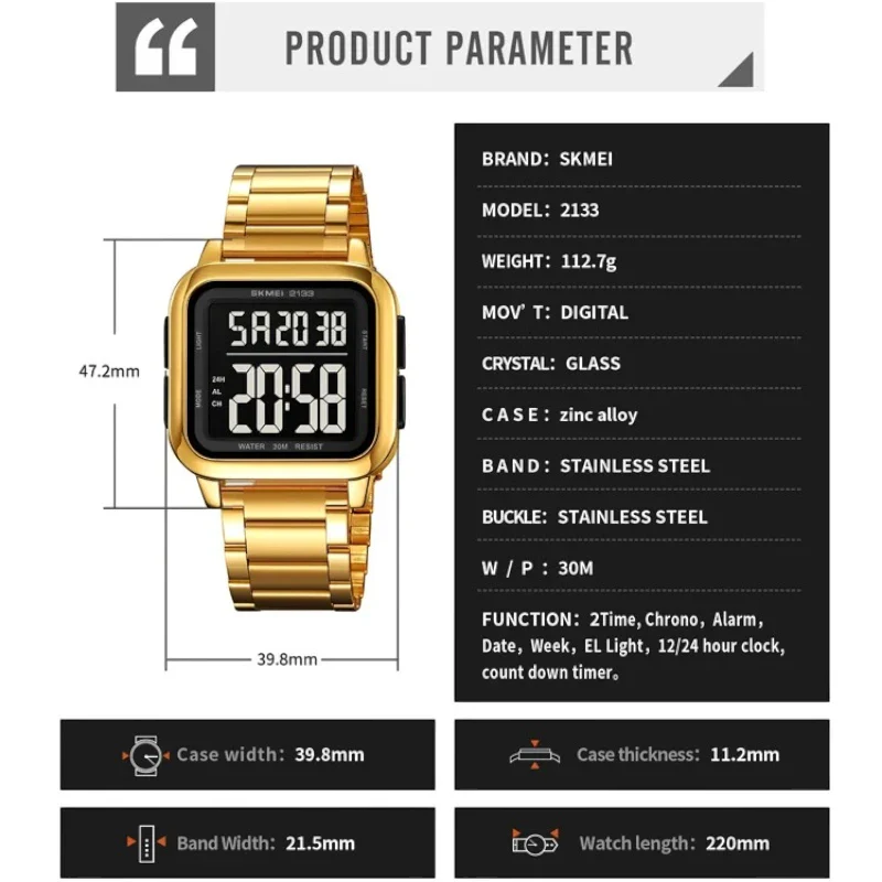 ساعة SKMEI 2133 للرجال فاخرة بلون اسود من الفولاذ المقاوم للصدأ توقيت مزدوج مقاومة للماء